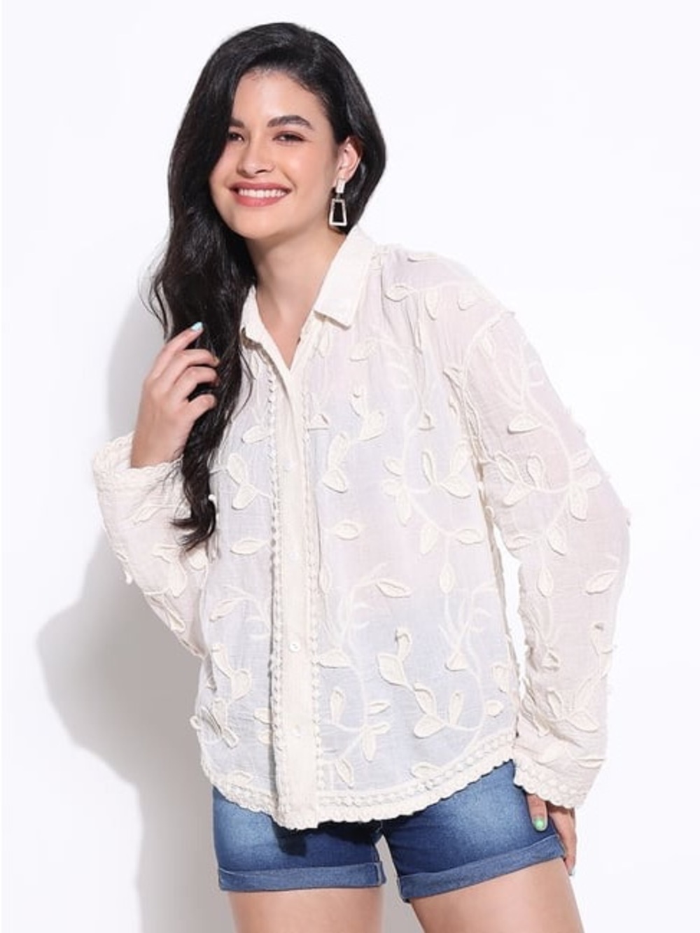 Linen blend patterned blouse